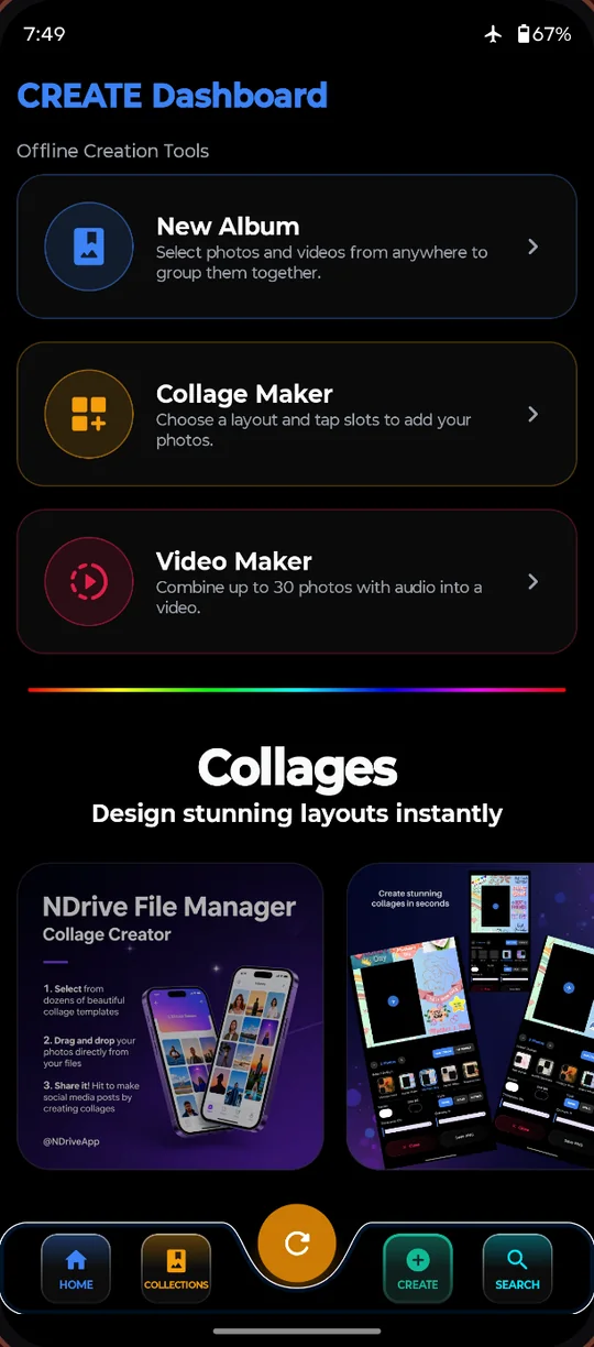Create dashboard with New Album, Collage Maker and Video Maker