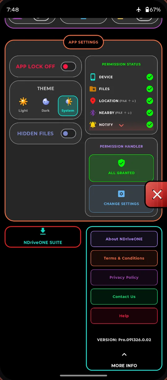 App settings with app lock and permission status